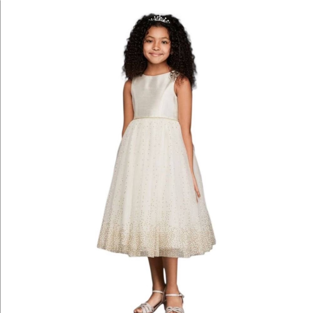 TULLE TEA LENGTH GOWN WITH METALLIC SHIMMER DETAIL